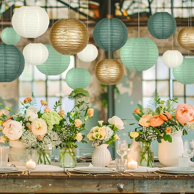 Paper Lanterns Party Decorations 15pcs - Sage Green Dark Green Gold White Round Hanging Decor for Rustic Wedding Graduation Bridal Shower Birthday Baby, Large Assorted Sizes 4-12 Inch