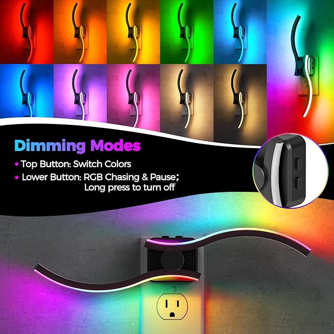Night Lights Plug into Wall,3000K+8 Color Changing Dimmable LED | Night Light 1W 180° Rotating Wall Sconce Dusk to Dawn Sensor Plug in Nightlight for Bathroom Bedroom Hallway Kitchen