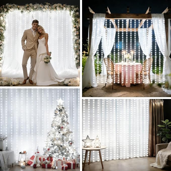 echosari Curtain Lights Battery Operated 9.8 x 9.8Ft with Timer Cool White | 300 LED Fairy Lights with Hooks for Bedroom Wedding Backdrop Indoor Christmas Decor