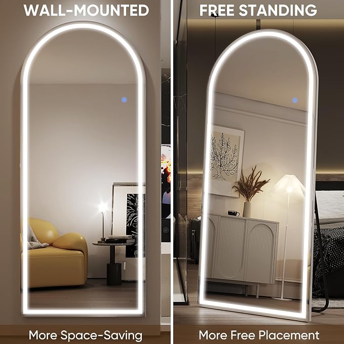 Antok LED Full Length Mirror with Light, 56"x20" Lighted Full Body Mirror with Stand, Dimmable & 3 Color Lighting Standing/Leaning/Wall Mounted Vanity Mirror for Bedroom Cloakroom Livingroom(Arched)