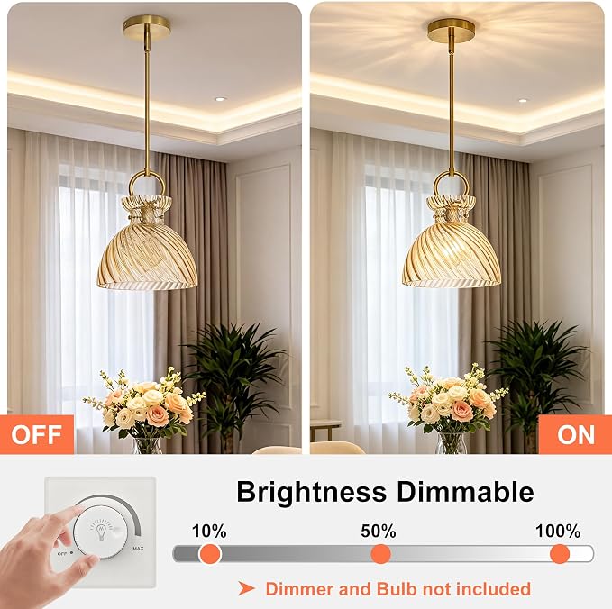 Gold Pendant Light Kitchen Island 9.84'' Striped Amber Glass Shade | Modern Pendant Lighting Over Sink, Adjustable Hanging Ceiling Light, E26 Dimmable Hardwired for Dining Room Hallway, 1-Pack