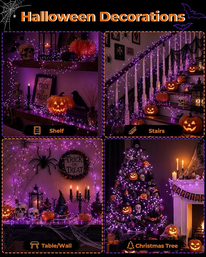 Halloween Fairy Lights Plug in, String Lights for Halloween Decorations | 10FT 200LEDs, 1 Pack with Remote, Orange&Purple, Waterproof Firecracker Lights for Window Bar Haunted Theme Halloween Decor