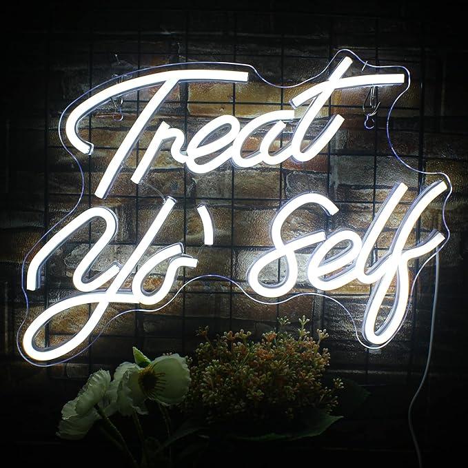 Treat Yourself Neon Sign White Led Word Neon Lights Usb Neon Light Signs for Bedroom Home Light Up Letter Neon for Birthday Party Gifts