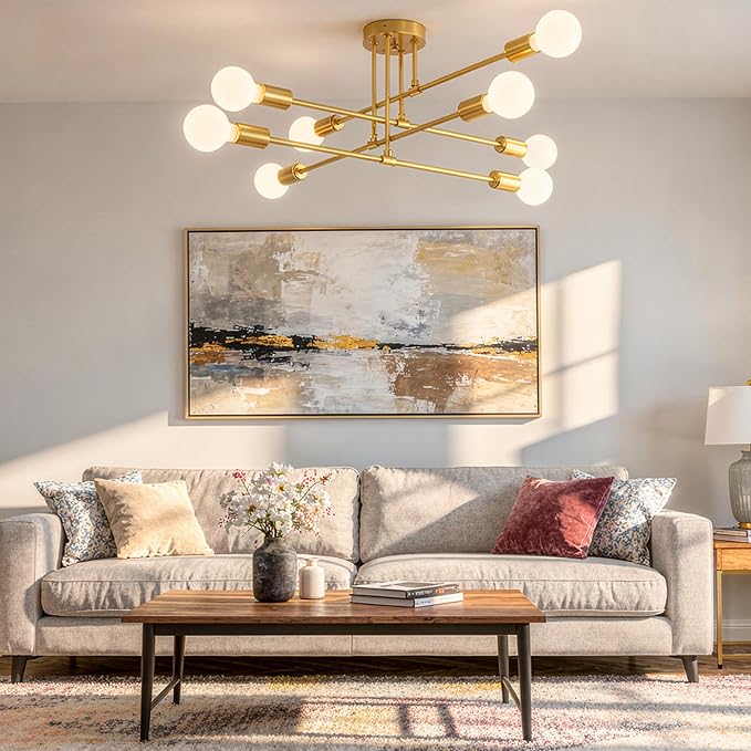 Modern Sputnik Chandelier Ceiling Light Fixtures, 8-Lights Mid Century Industrial Metal Semi Flush Mount for Dining Room, Bedroom, Living Room-Brushed Gold