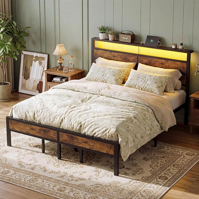 King Size Bed Frame with LED Lights and Charging Station | Brown Metal Platform Bed, Wood Headboard, Sturdy Slats, No Box Spring Needed, Noise Free, Easy Assembly