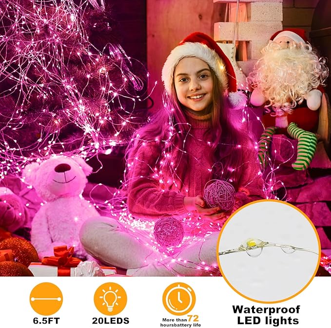 12 Pack Fairy Lights Battery Operated String Lights - 7ft 20 LED Waterproof Silver Wire Firefly Lights for DIY Wedding Décor Table Centerpieces Craft Mason Jars Party Decor(Pink)