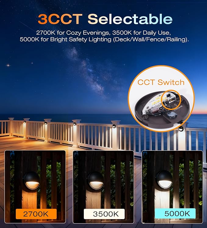 CLOUDY BAY [6 Pack] 3CCT Low Voltage LED Deck Lights Outdoor,2700K/3500K/5000K Selectable,Landscape Step Stair Railing Fence Light Wired,3W,12V-24V AC/DC Deck Lighting Fixtures