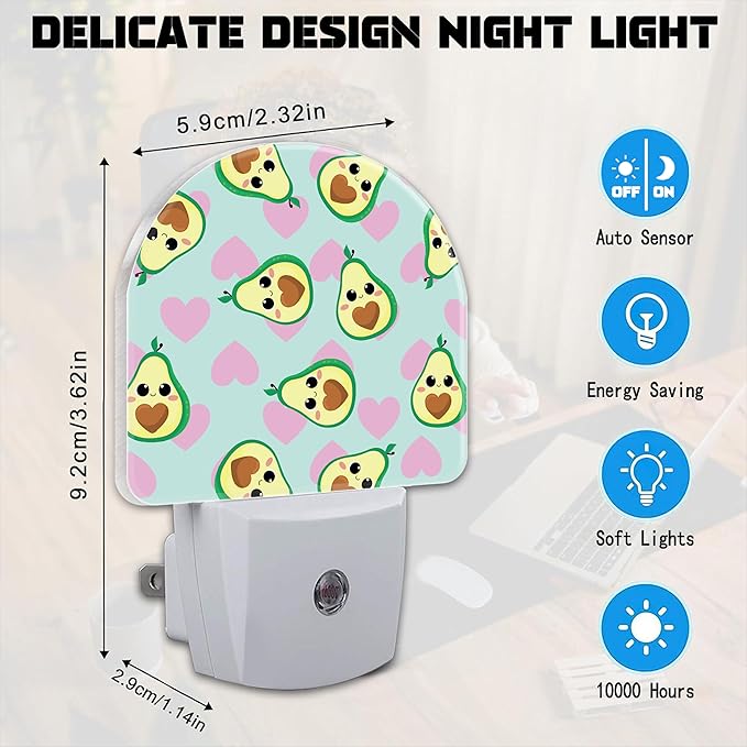 Avocado and Pink Hearts Night Light for Kids,Cute Cartoon Avocados Plug in Night Light with Dusk to Dawn Sensor, 0.5w Energy Saving Nightlight for Hallway Stairway Kitchen Bedroom