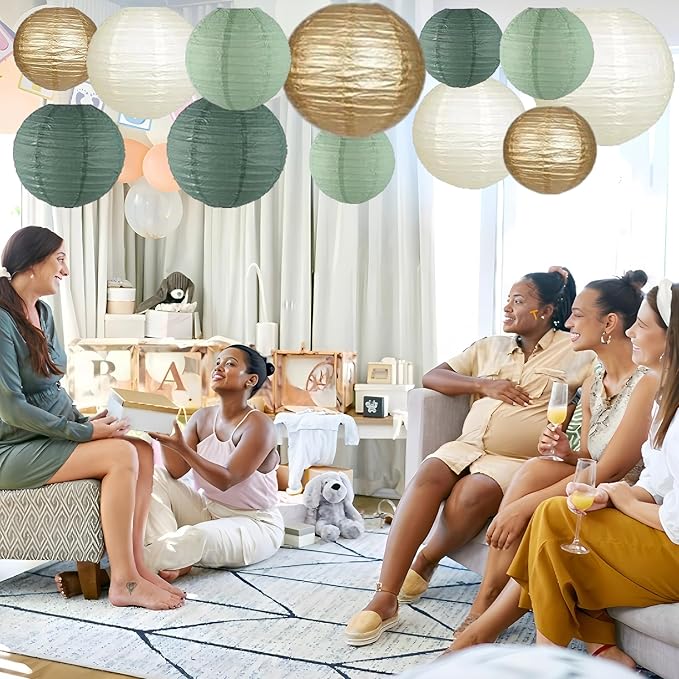 12Pcs Sage Green Paper Lanterns Decorative, Chinese Round Hanging Paper Lanterns Lamp for Wedding, Bridal, Outdoor Decor, Garden Decor, Home Decor, Party Decorations (Size of 6”, 8”, 10”, 12”)