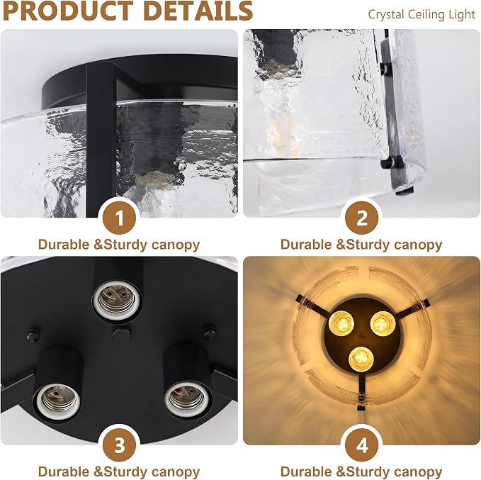 Black Semi Flush Mount Ceiling Light 15'', 3-Light Modern Farmhouse Glass Light Fixture, Dimmable Close to Ceiling Mount for Hallway, Kitchen Island, Entryway, Bedroom, Bathroom, Laundry Industrial
