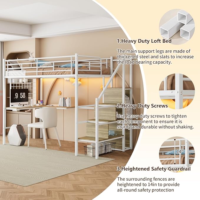 Twin Size Metal Loft Bed with Reversible Stairs & L-Shaped Desk,White | Storage Stairs,Wardrobe,L-Shaped Desk,USB Charging Station,Space-Saving for boys & Girls, Noise-Free, No Box Spring Needed