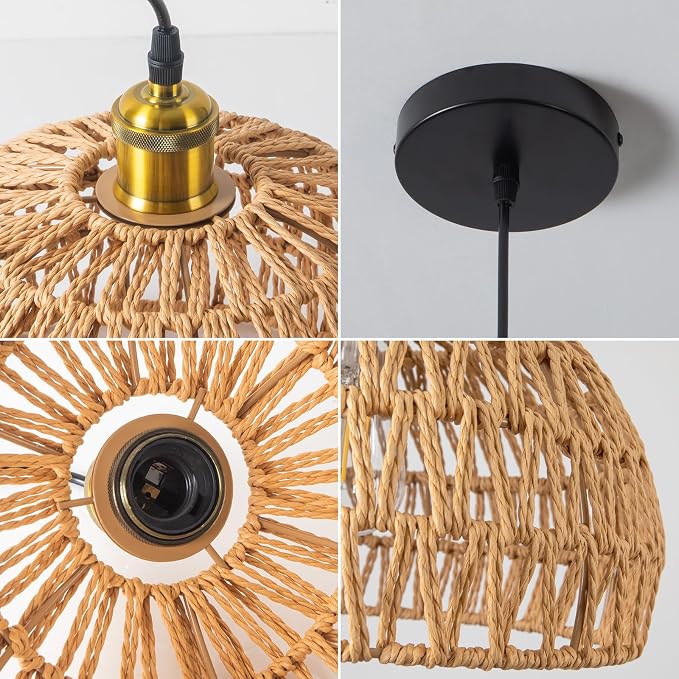 Hanging Lamps Rattan Pendant Light,Cord Bamboo Pendant Light Fixture Hanging Lamp Boho Ceiling Light Fixtures Farmhouse Pendant Lamp Shape for Living Room Bedroom Kitchen,30CM,E26 Base