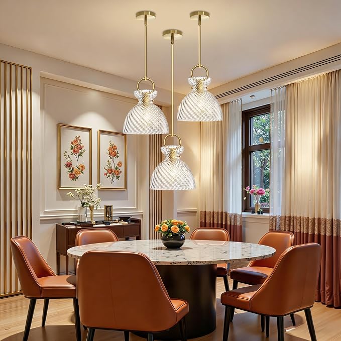 Gold Pendant Light Kitchen Island with 9.84'' Striped Glass Shade | Modern Pendant Lighting Over Sink, Adjustable Hanging Ceiling Light, E26 Dimmable Hardwired for Dining Room Hallway, 1-Pack