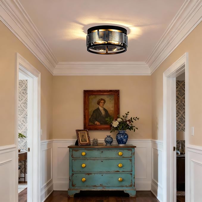 MAYNA 2-Light Round Flush Mount Ceiling Light Fixture,Black Metal Glass Farmhouse Ceiling Light with LED Bulb, Vintage Industrial Ceiling Lamp for Bedroom Kitchen Hallway Entryway