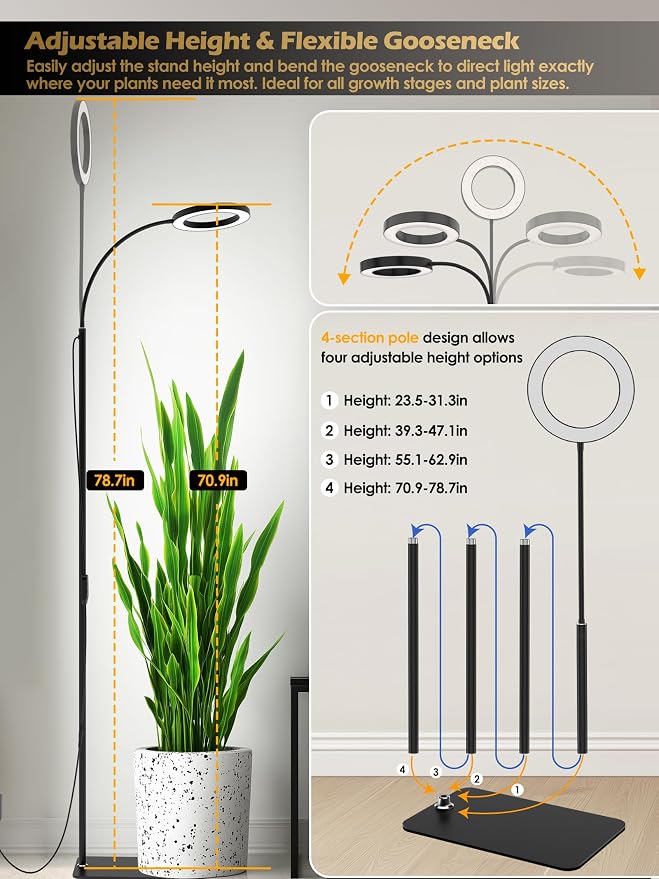 24W Grow Lights for Indoor Plants, Full Spectrum LED Plant Light With Stand | Dimmable, 3 Lighting Modes, 23"-79" Adjustable Height, Plant Growing Lamp with 3/9/12/16H Timer, Black Single Head Floor Lamp