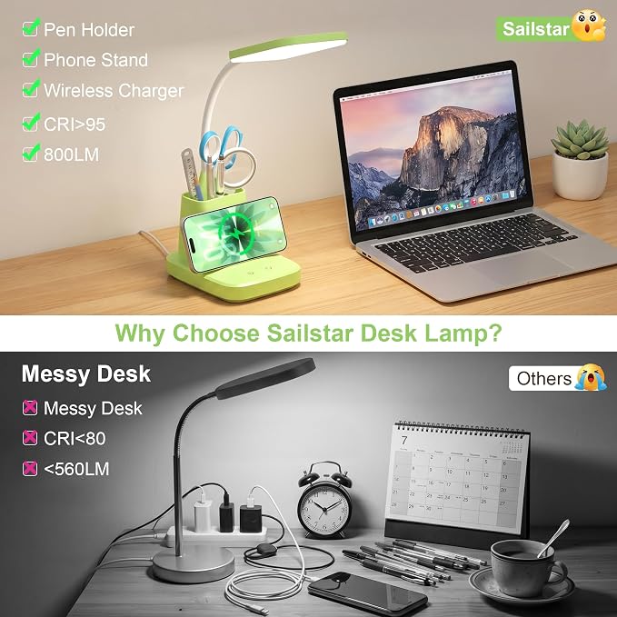 LED Desk Lamp with 10W Wireless Charging & Pen Holder, Light Green | CRI 95, 800LM, Stepless Dimming, 3 Modes, 360°Flexible Arm, Touch, Study Table Lamp for Home Office, Dorm Room, with Adapter