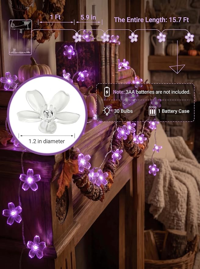 Flower Battery Operated Indoor String Lights 30L Cherry Blossom Fairy Light | Waterproof Outdoor Garden Party Camping Birthday Wedding Room Purple