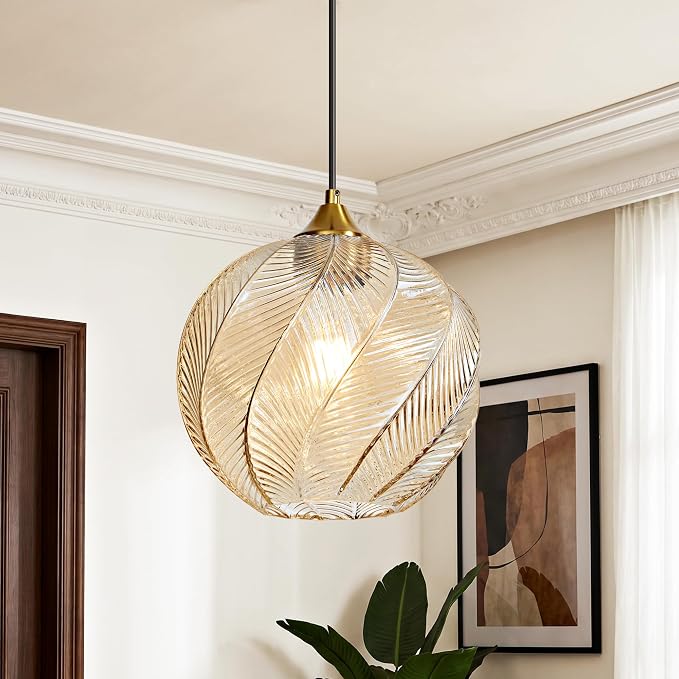 Amber Glass Pendant Lights Kitchen Island Gold Hanging Ceiling Light 9.84" | 1 Pack, Adjustable height, Dimmable, E26 bulbs, Rust-resistant Damp Rated For Bathrooms, 5-Year Warranty, UL Certification