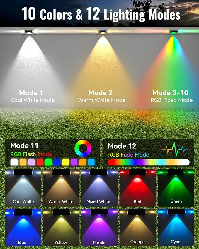Solar Fence Lights Outdoor 6 Pack, Deck Lights with 12 Mode RGB Color Changing, Warm/Cool White, IP65 Waterproof Dusk to Dawn Solar Light for Fence, Wall, Patio, Step, Backyard, Outside