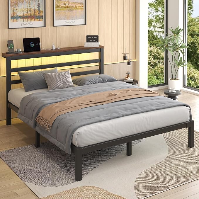 LOEWAY Full Size Metal Bed Frame with Storage Headboard & LED Lights, Black | Built-In Charging Station, Under-Bed Storage, Heavy Duty Metal Slats, No Box Spring Needed, Solid and Stable, Easy Assembly