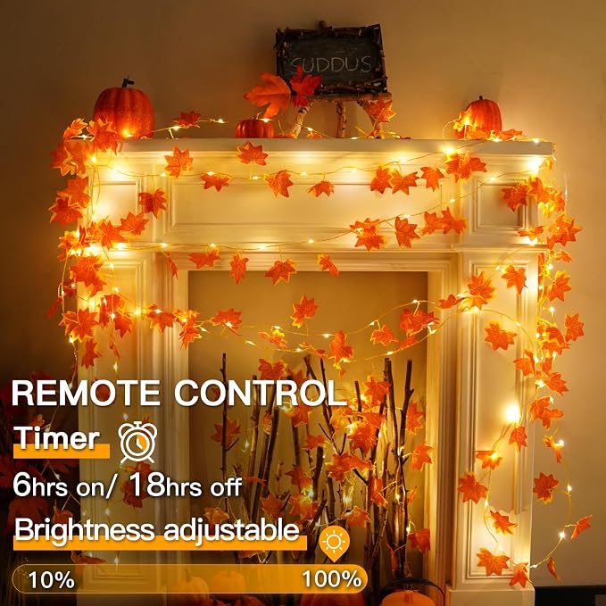 33FT 100 LED Maple Leaf String Lights Battery Operated Copper Wire | Vine with Fairy Lights with Remote,Dimmable Fall Garland with Lights for Bedroom,Wall,Thanksgiving Decor (Warm White)
