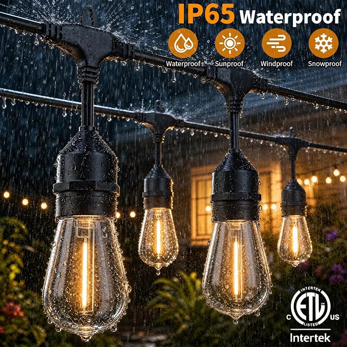 Hotsonic Remote Control Outdoor String Lights Waterproof, 50 FT LED Outside Lights with Shatterproof Bulbs, Dimmable Hanging S14 Lights 3 Modes for Patio Porch Garden pergola Yard Party House Decors