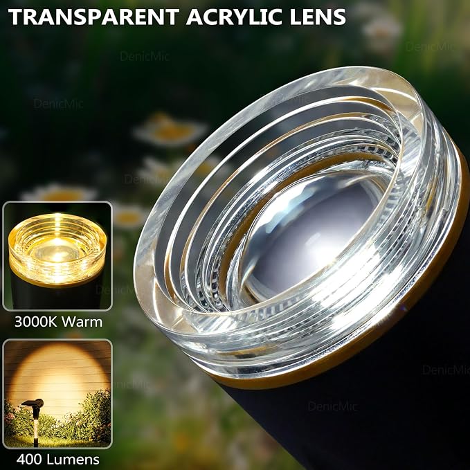 DenicMic Solar Spot Lights Outdoor Waterproof 3000K Lens LED Spotlights | Adjustable Angel Long Range Solar Lights Outdoor for Yard Garden Patio Wall Tree Landscape, Acrylic Lighted Pole, 4 Pack