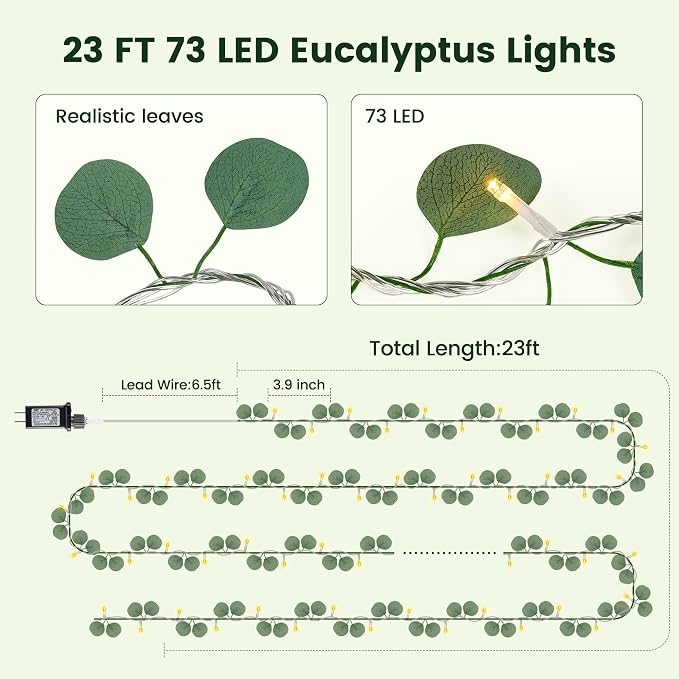 HEYFUNi 23FT Eucalyptus Garland with String Lights, Plug in | 73 Leds, Timer & Memory & 8 Modes, Greenery Eucalyptus Leaf Vine Lights for Bedroom, Wall, Wedding, Party, Summer Dorm Decor