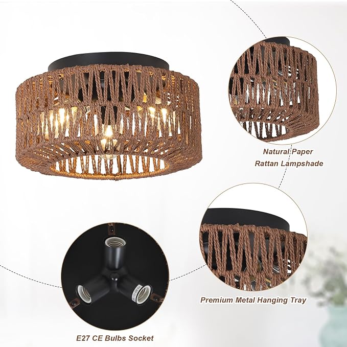 PAUFUL Boho Light Fixture，3-Light Farmhouse Rattan Light Fixtures Ceiling Mount，Flush Mount Ceiling Light with Hand-Woven Shade，Modern Chandelier for Living Bedroom Entryway Kitchen Nursery