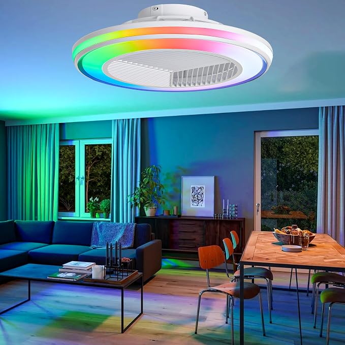 Smart Ceiling Fans with RGB Lights Remote - 20'' Flush Mount Low Profile Modern Ceiling Fans for Bedroom - Stepless Color Temperature and 6 Speeds
