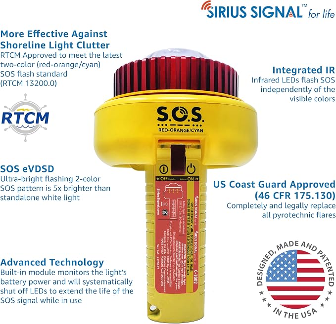Sirius Signal C-1002 SOS LED Distress Signal, 2-Color + IR - USCG Approved | Electronic Boat Flare Replacement, Bright Two-Color (Red-Orange/Cyan) + Infrared, Includes Mount, Daytime Flag & Whistle