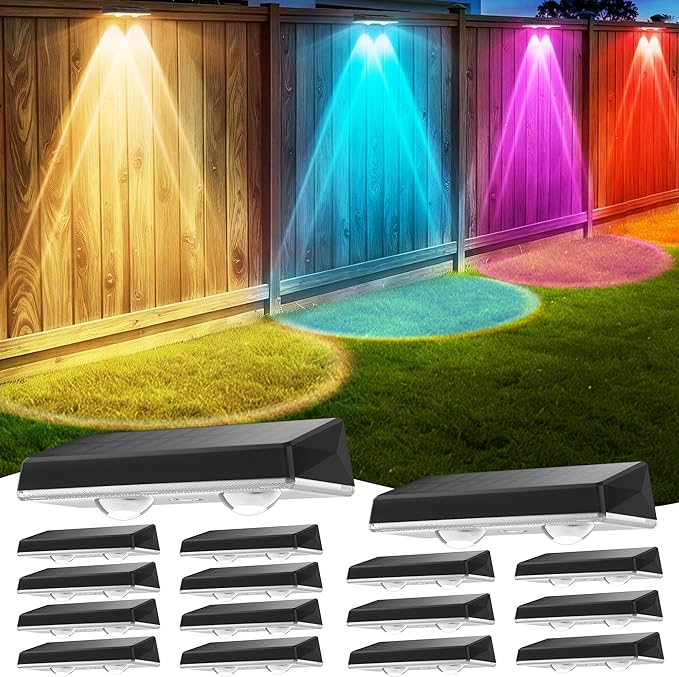 Dusk to Dawn Solar Fence Lights 7 Fixed Colors and RGB Waterproof Solar Deck Light ON/Off Push Switch Outdoor Solar Wall Lights for Outside/Backyard/Step/Patio/Pool, 16PACK