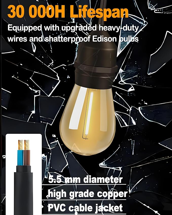 Gmnee 50FT Outdoor String Lights for Patio, Balcony & Porch – 32 LED Edison Bulbs (1.6FT Spacing), Dimmable Heavy-Duty Patio Lights for Backyard, Gazebo, Bistro, Party and Garden Decor (Plug in)