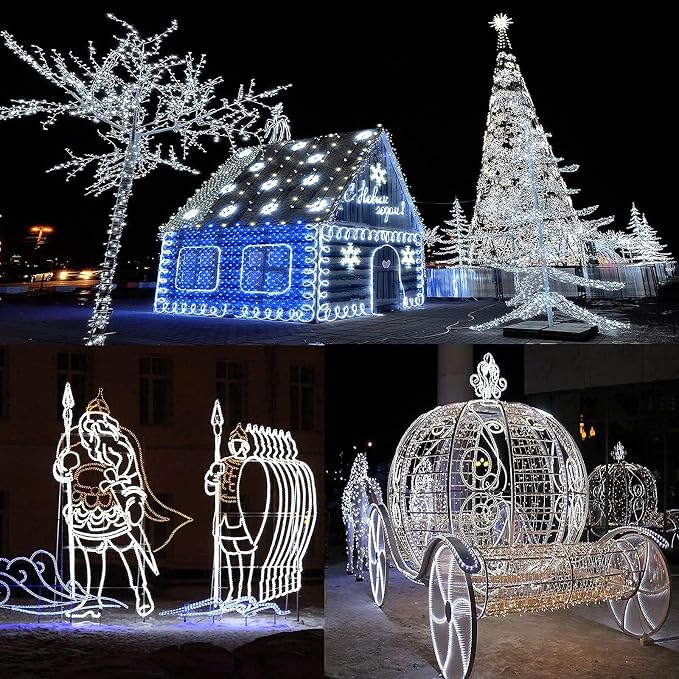 Rope Lights Outdoor Waterproof Daylight White: LED 100FT Cuttable Outside Bright 110V Lighting 6000K Connectable Flexible Cool Clear Tube, Indoor Deck Patio Xmas Camping Decor, Not Flat Strip