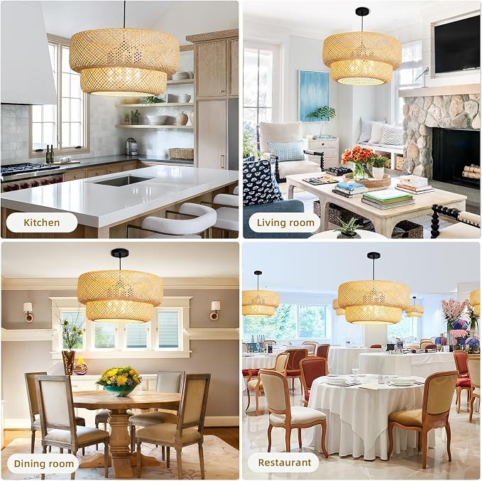 Woven Bamboo Pendant Light,23.6" Rattan Chadelier | 23.6" Boho Bamboo Chandelier,Hand Woven Wicker Hanging Light for Kitchen Island Dining Bedroom Living Room Restaurant