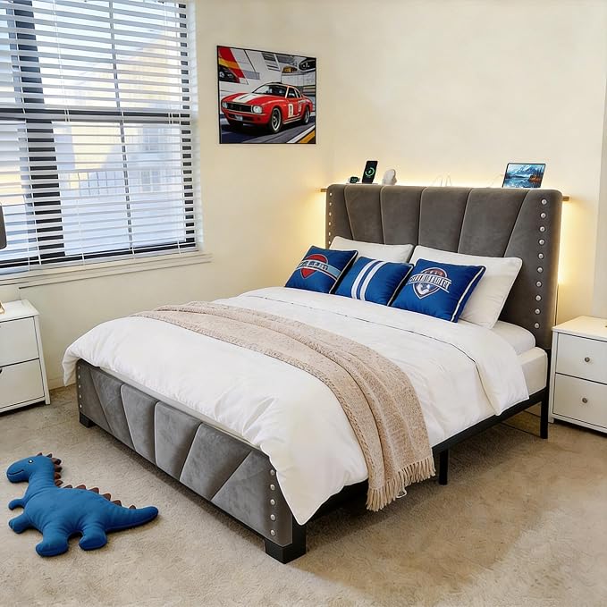 EnHomee Twin Bed Frame with LED Lights & USB, Noise-Free, Grey | Adjustable Velvet Headboard，Under-Bed Storage，Heavy Duty Support with 12 Slats，No Box Spring Needed，Easy Assembly for Bedroom