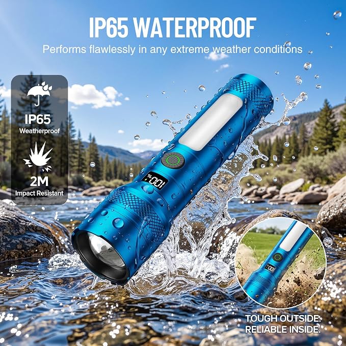 Rechargeable Flashlights 2 Pack, High Lumens LED Flashlight Blue | LCD Battery Display, 7 Lighting Modes & Dual Light Source, IP65 Waterproof Tactical Flashlight For Camping, Hiking, Emergency