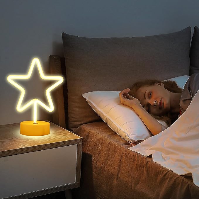 ENUOLI Warm White Star Shaped LED Neon Light Lamp with Base Battery Operated USB Powered LED Star Neon Sign Home Christmas Decoration Lights for Home Hotel Bedroom Store Decoration Night Light