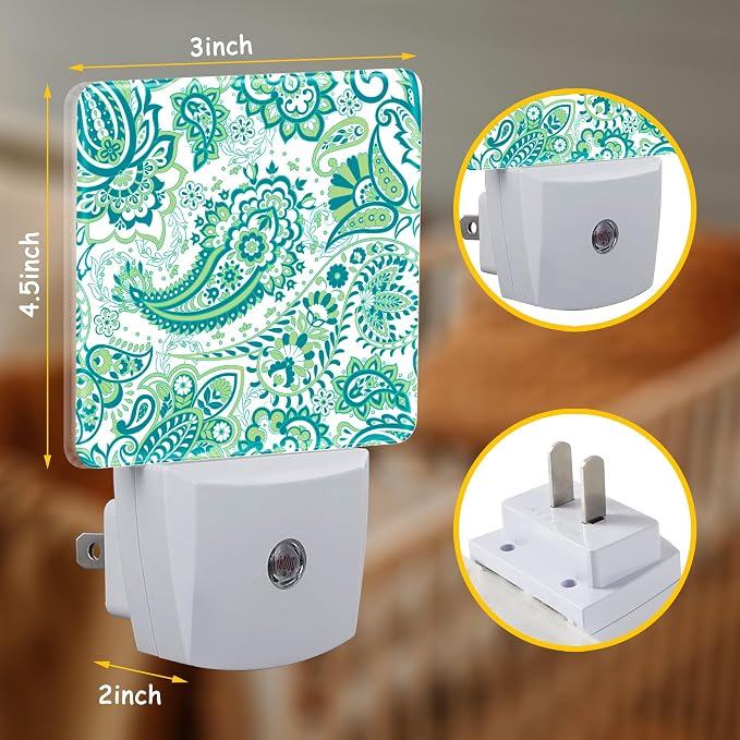 Green Paisley Floral Night Light,Traditional Paisley Plug-in Night Light Auto Dusk-to-Dawn Sensor Energy Efficient LED Lamp for Room Decor,Hallway,Kitchen,Bathroom,Nursery,Stairs