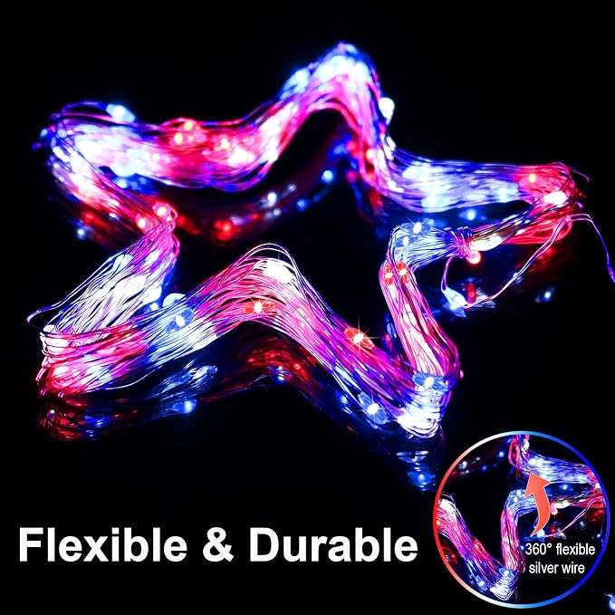 Patriotic Red White and Blue Fairy String Lights Battery Operated | 2 Pack Total 100Led Timer Copper Wire Mini Lights, Battery Powered Firefly DIY for 4th of July, Labor Day Decorations