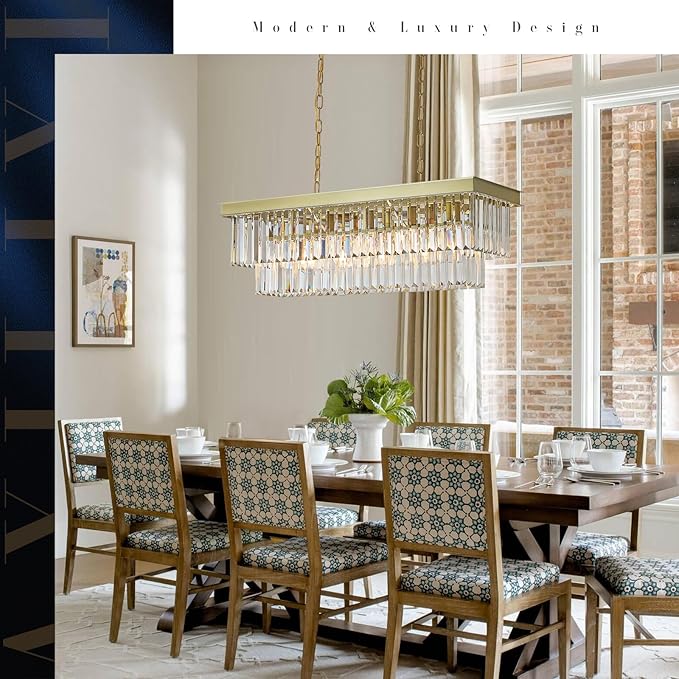 Rectangular Crystal Chandelier Gold for Dining Room Modern Chandelier Rectangle Linear Pendant Light Fixtures for Kitchen Island L33” K9 Luxury Long Chandelier for Living Room