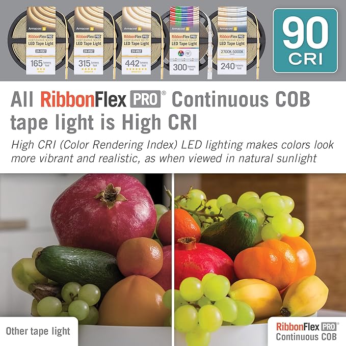 Armacost Lighting RibbonFlex Pro 24V COB LED Strip Light Tape RGB+W, 300 Lumens/Ft, 10M 177730