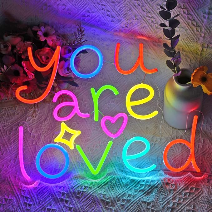You Are Loved Neon Light for Wall Decor, Dimmable Sign for Bedroom | 16"x12" Colorful Letter Light, Birthday Gift for Daughter/Son/Girlfriend (No Adapter) 6.5ft USB Powered