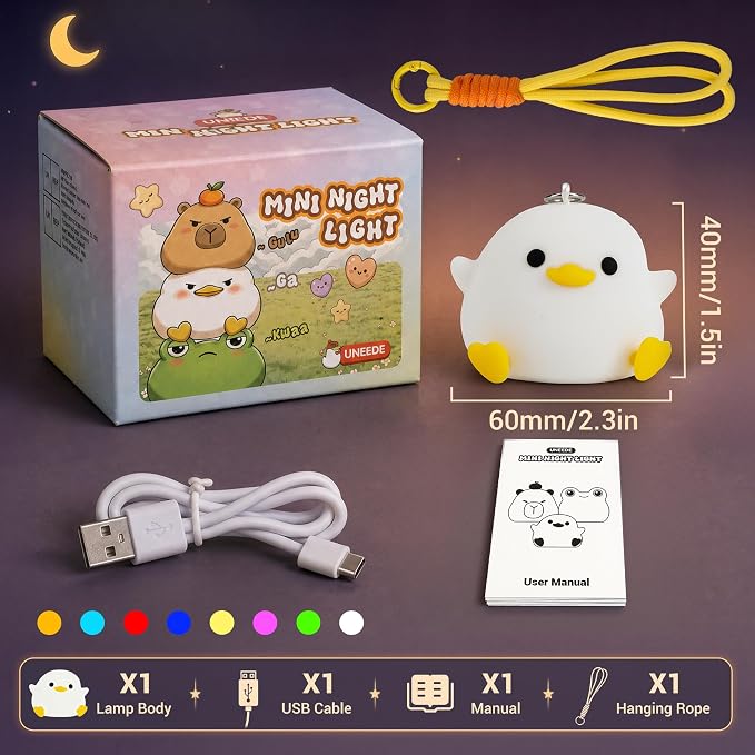 UNEEDE Mini Duck Night Light with Lanyard, 8 Color Changing Rechargeable | Portable Mini Night Light for Kids, Soft Silicone Duck Squishy Cute Lamp for Bedroom & Camping, Gifts