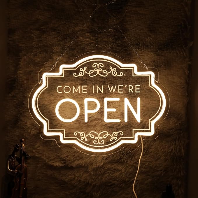 Open Neon Sign 17"x12.6", USB Powered LED Light for Store Decor | Come in we're Open Welcome Light for Restaurants, Cafes, Shops, Bars and Home Decor