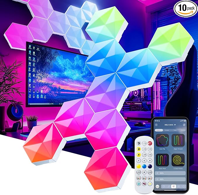 10 Pack Hexagon Led Lights, 110cm Smart Hexagon Light Panels, Hexagon Wall Lights, RGB Color Changing with App & Remote, Music Sync for Gameroom Lighting, Party Decor