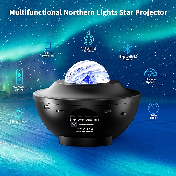 Northern Lights Projector, Aurora Star Galaxy Projector Night Light for Bedroom/Ceiling/Party with Bluetooth Speaker, Soothing Mood Northern Light Lamp for Kids, Adults, Gift Idea