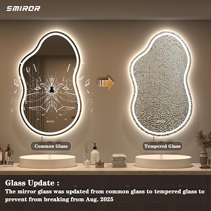 SMIROR 48x26 Irregular Led Lighted Bathroom Vanity Mirror | Asymmetrical, Cloud Shape, Front lighted + Backlit, Anti-Fog, 3 Colors, Dimmable, Memory, Tempered Glass, UL