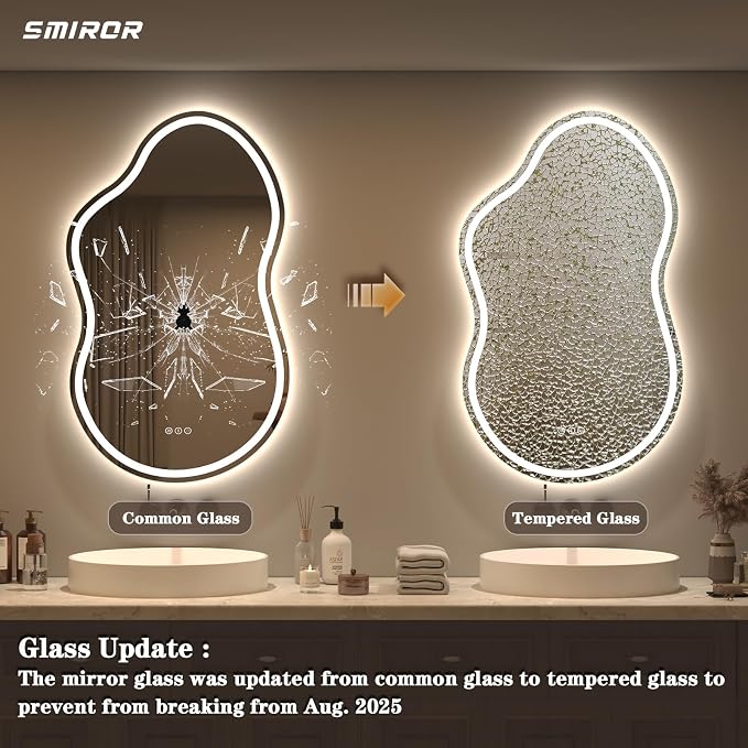 SMIROR 24x36 Irregular Led Lighted Bathroom Vanity Mirror | Asymmetrical, Cloud Shape, Front lighted + Backlit, Anti-Fog, 3 Colors, Dimmable, Memory, Tempered Glass, UL