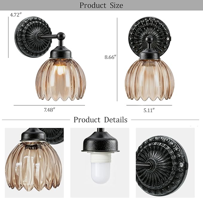 Battery Operated Wall Sconce, Vintage Wall Light, 2 Pack, Amber Tulip Glass | Black Metal Base, 5200mAh Rechargeable, Dimmable LED, Remote Control, Cordless, Bedside, Bedroom, Doorway, Living Room